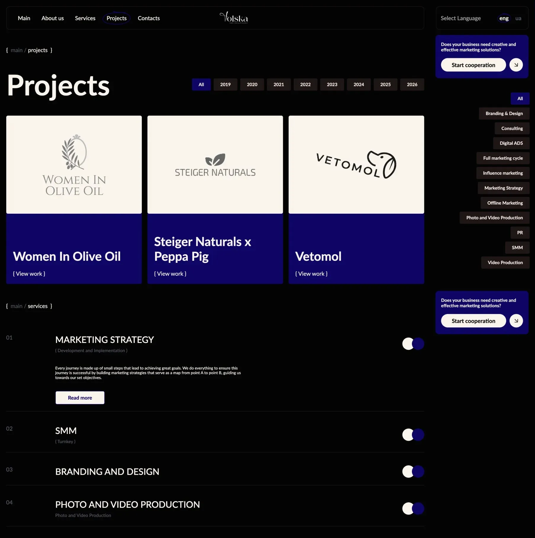 Volska Agency studio website: screen 2 of 4